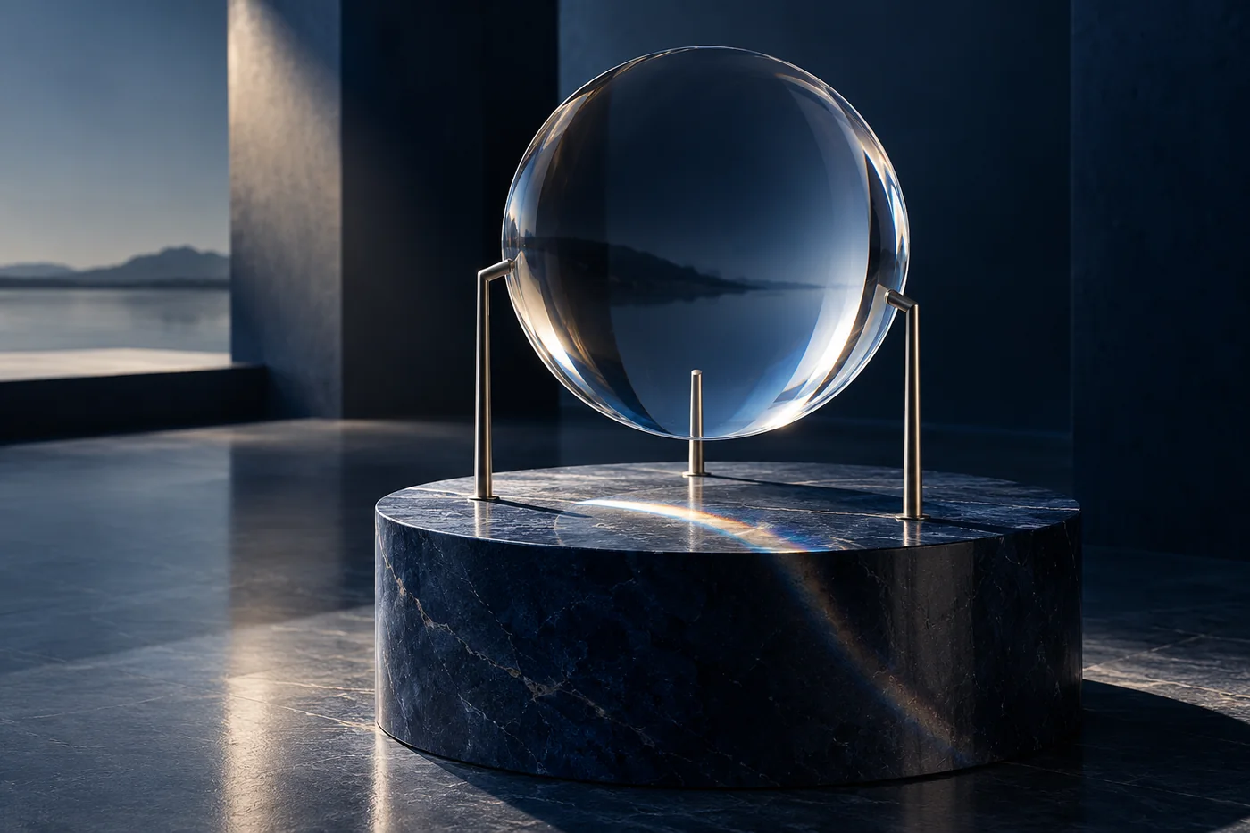 Lente circular equilibrada sobre uma base, em composição ilustrativa gerada por IA.