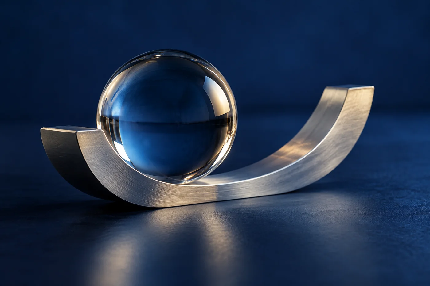 Esfera de vidro contida por uma estrutura metálica curva, em imagem gerada por IA.