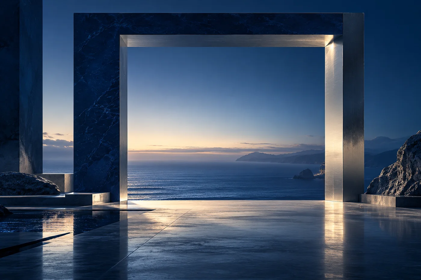Portal azul voltado para um horizonte aberto, em ilustração gerada por IA.