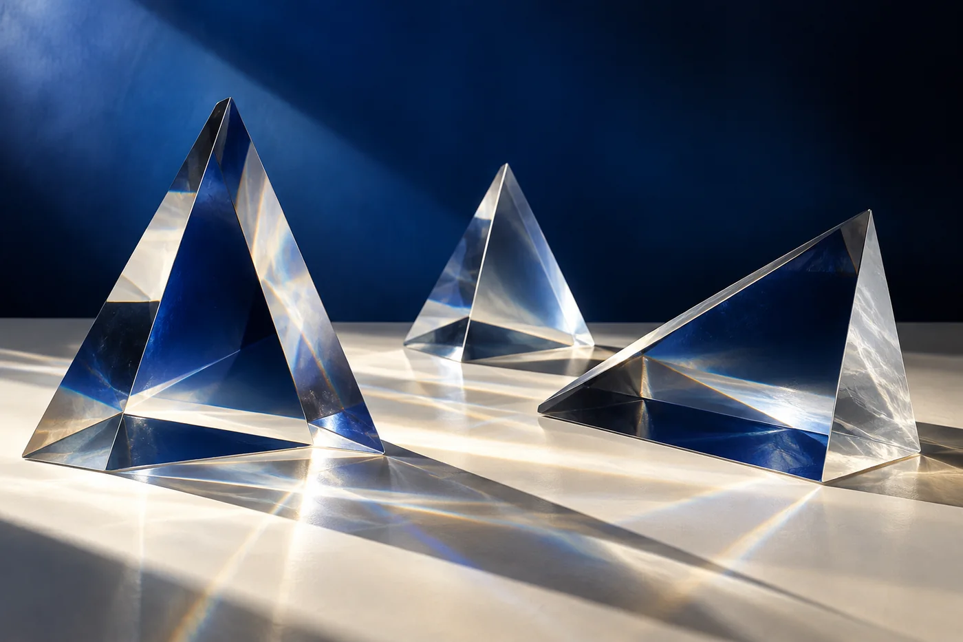 Prismas transparentes e reflexos de luz em uma composição conceitual gerada por IA.